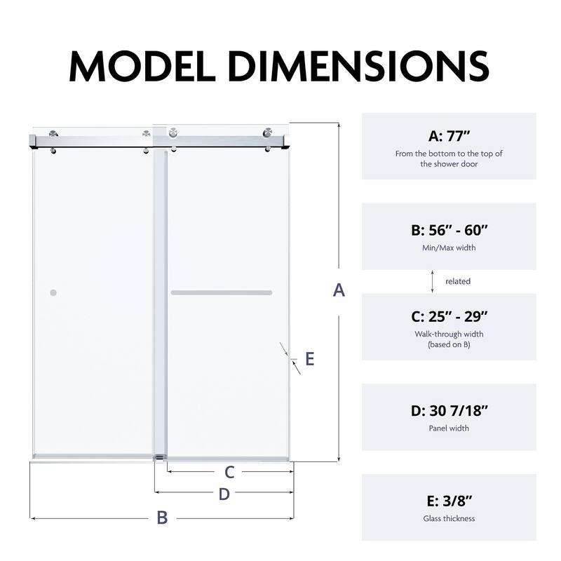 SP Series 56” - 60" W x 77” H Double Sliding Frameless Glass Shower Doors With 3/8" Clear Tempered Glass