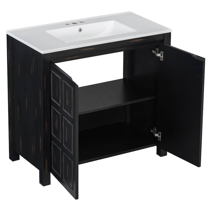 GDFStudio - Elysia Wood & Ceramic Bathroom Vanity with Sink & Storage Cabinet Organizer