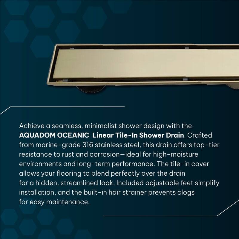 Oceanic Linear Shower Drain, Marine-grade 316 Stainless Steel, Tile-in with Hair Strainer