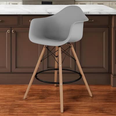 HomeRoots 28" Gray And Brown Heavy Duty Plastic And Solid Wood Low Back Counter Height Bar Chair