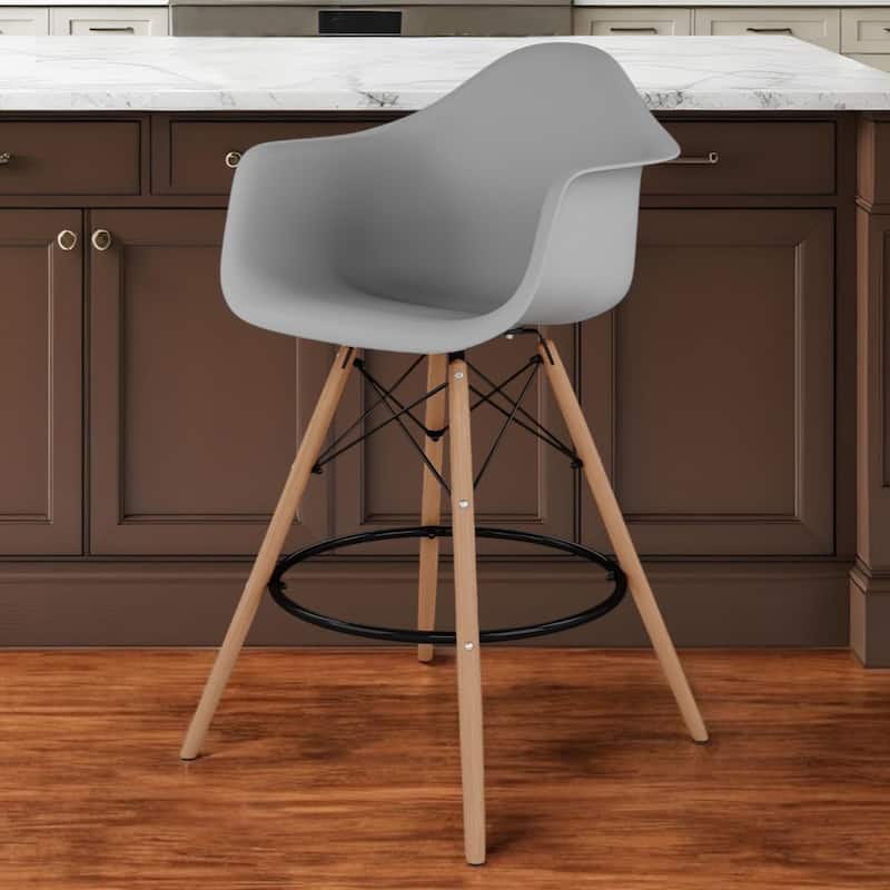 HomeRoots 28" Gray And Brown Heavy Duty Plastic And Solid Wood Low Back Counter Height Bar Chair - Counter Height - Gray - Single