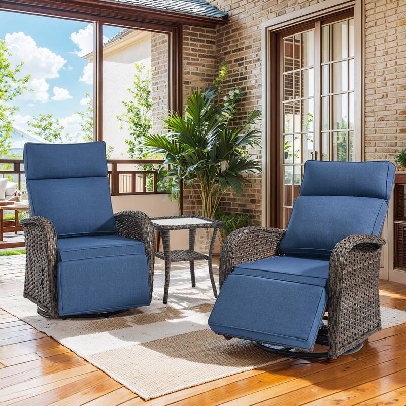 Pocassy Lounge Chair Swivel Reclining Chair with Adjustable Backrest - Blue Cushion - Browm Wicker - 3-Piece Recliner Swivel Chair with Side Table