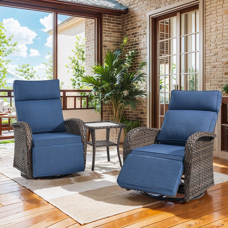 Pocassy Versatile Outdoor Recliner Chair - Blue Cushion - 2 Swivel Chairs with Table