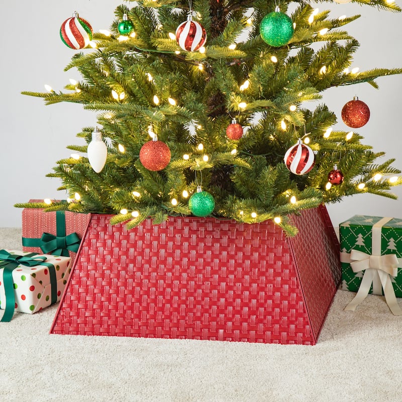 Glitzhome 25.75"L Trapezoid Glossy Metal Weave Christmas Tree Collar - 25.5"L - Red