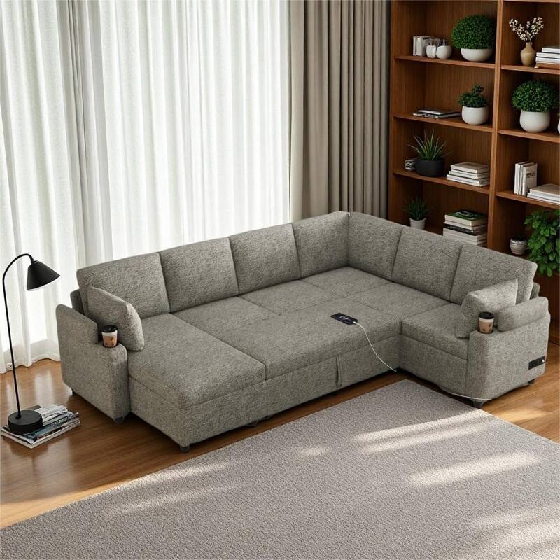 U-Shaped Sectional Sofa with Sleeper Bed, Hidden Storage & Power Ports by Harper&Bright Designs - Light Gray