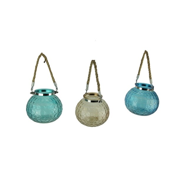 Glass Globe 5 inch Tealight Candle Lanterns with Rope Handles Set of 3 - 5 X 5 X 5 inches