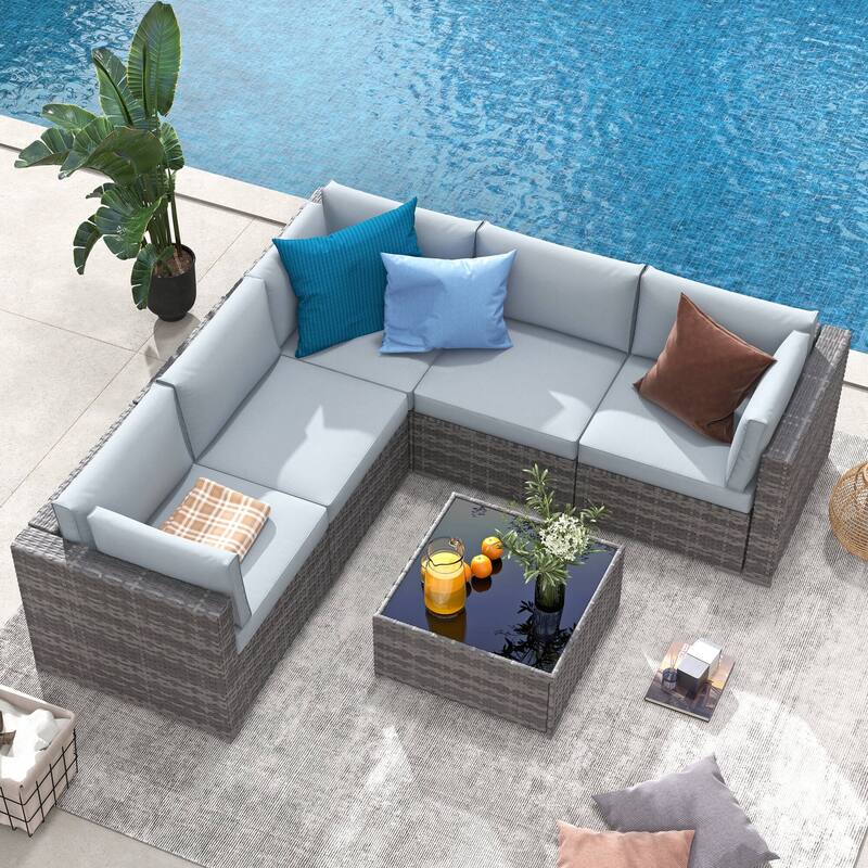 6-Piece Outdoor Wicker Sectional Sofa Set with Cushions - LightGrey