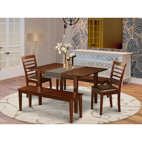Modern 5-piece Dining Table Set - A Wood Table and 2 Dining Chairs with 2 modern Benches - Mahogany Finish (Seat's Type Options)