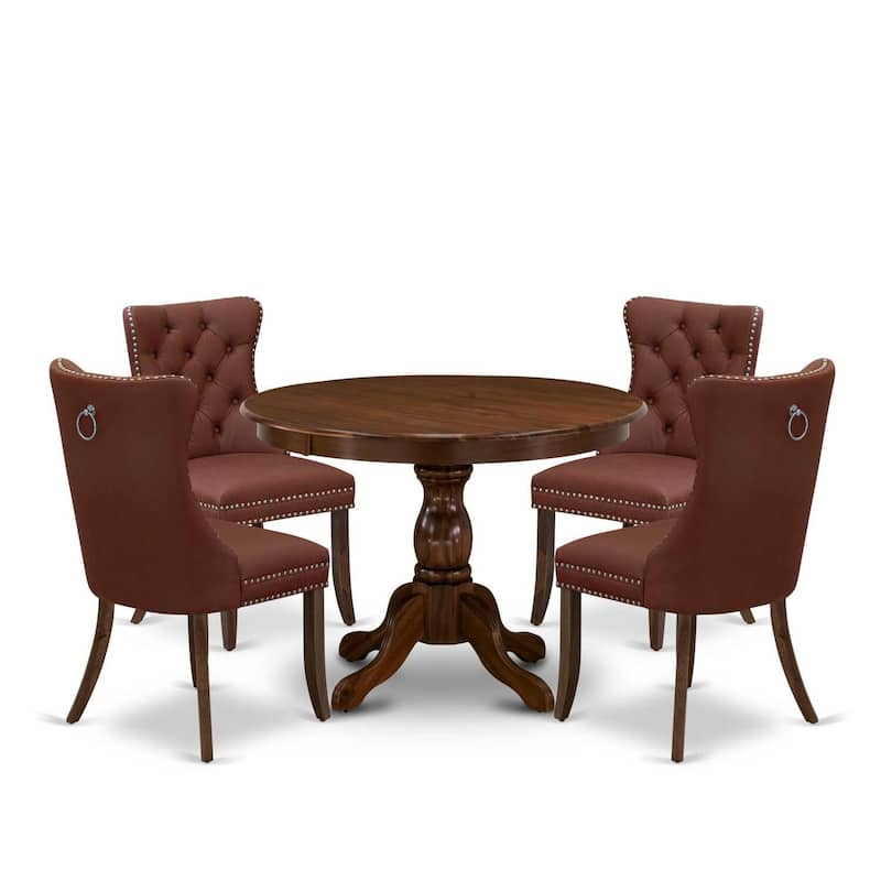 Modern 5 Piece Dining Set - Round Table & 4 Upholstered Chairs - Vintage Walnut Finish