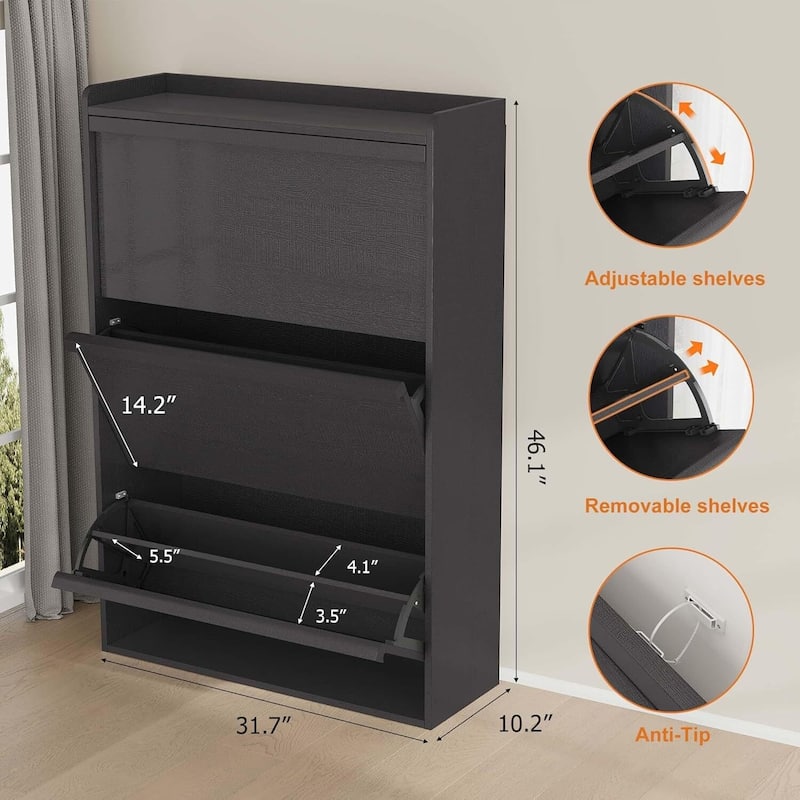 Narrow Shoe Cabinet Organizer with 3 Flip Drawers for Entryway, Hallway, Living Room