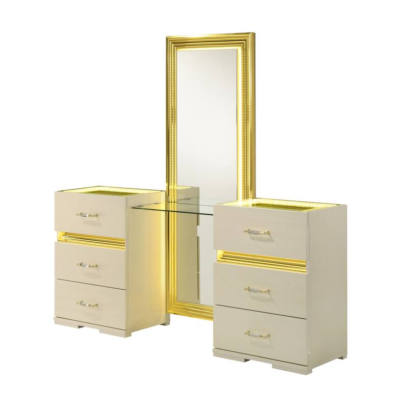 Furniture of America Saven Modern 2-Piece 6-Drawer Vanity Set with LED Light and Full-Length Mirror