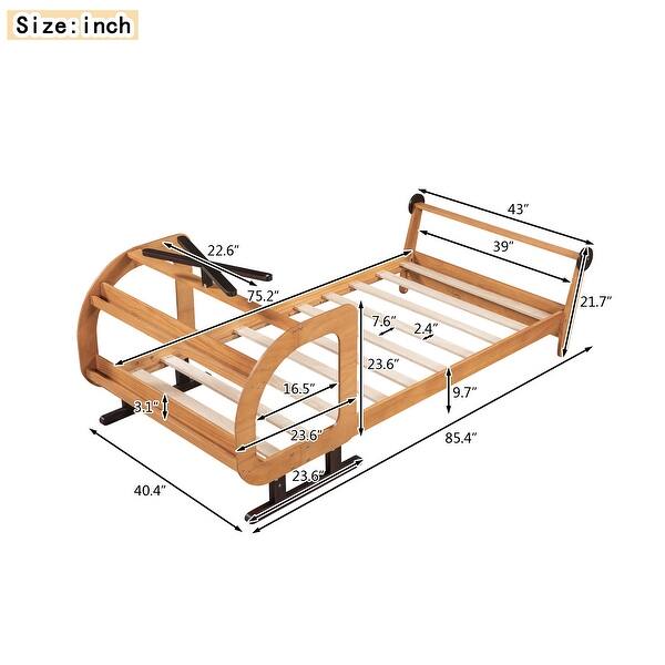 Natural Pine Wood Plane-Shaped Twin Platform Bed with Rotatable Propeller - Sturdy Construction