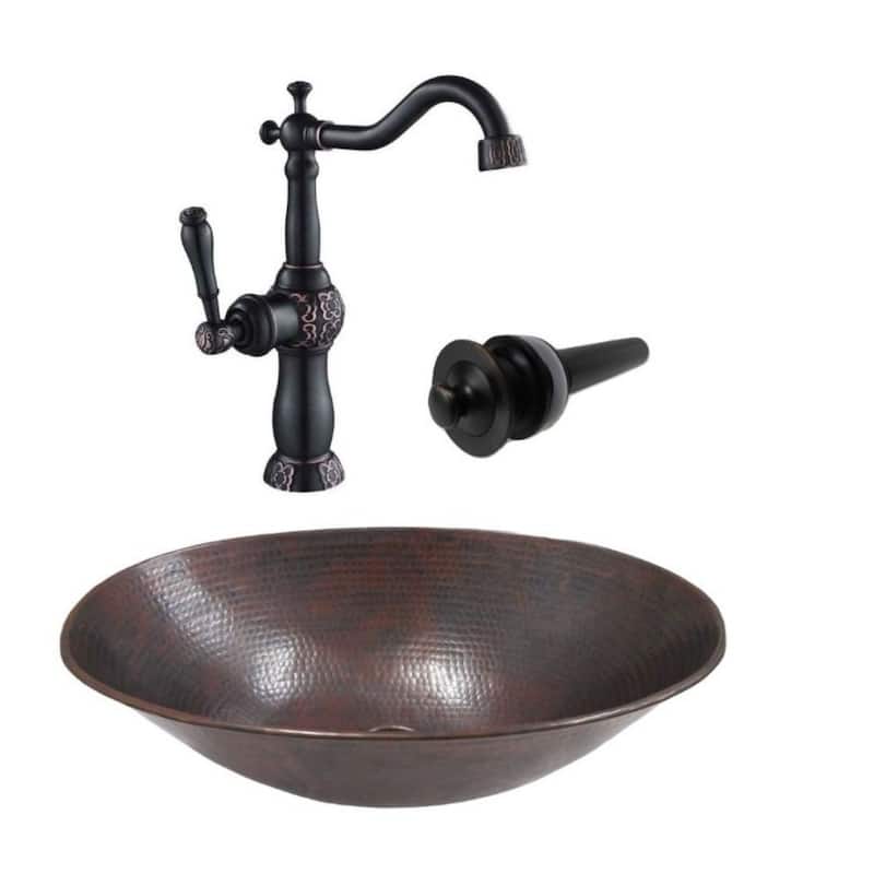 17" Oval Copper Vessel Sink, 13" Faucet & LT Drain - 17" x 12.5" x 5"