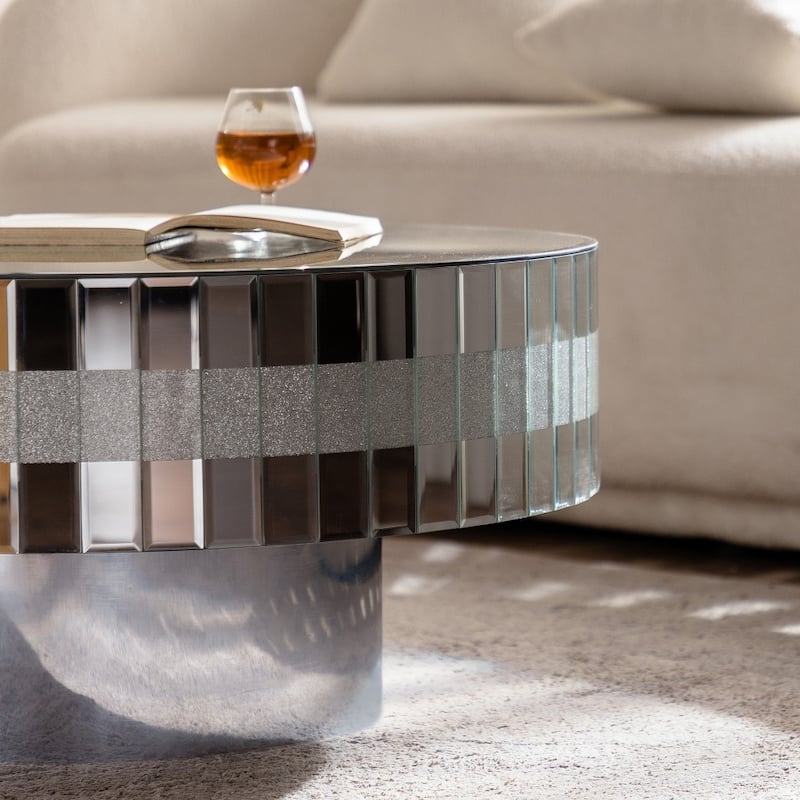 30.91" Luxury Silver Round Glass Mirrored Table Top Coffee Table