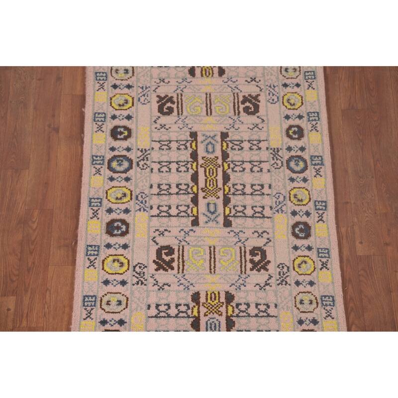 Tribal Geometric Khotan Runner Rug Hand-Knotted Wool Carpet - 2'7"x 8'0"