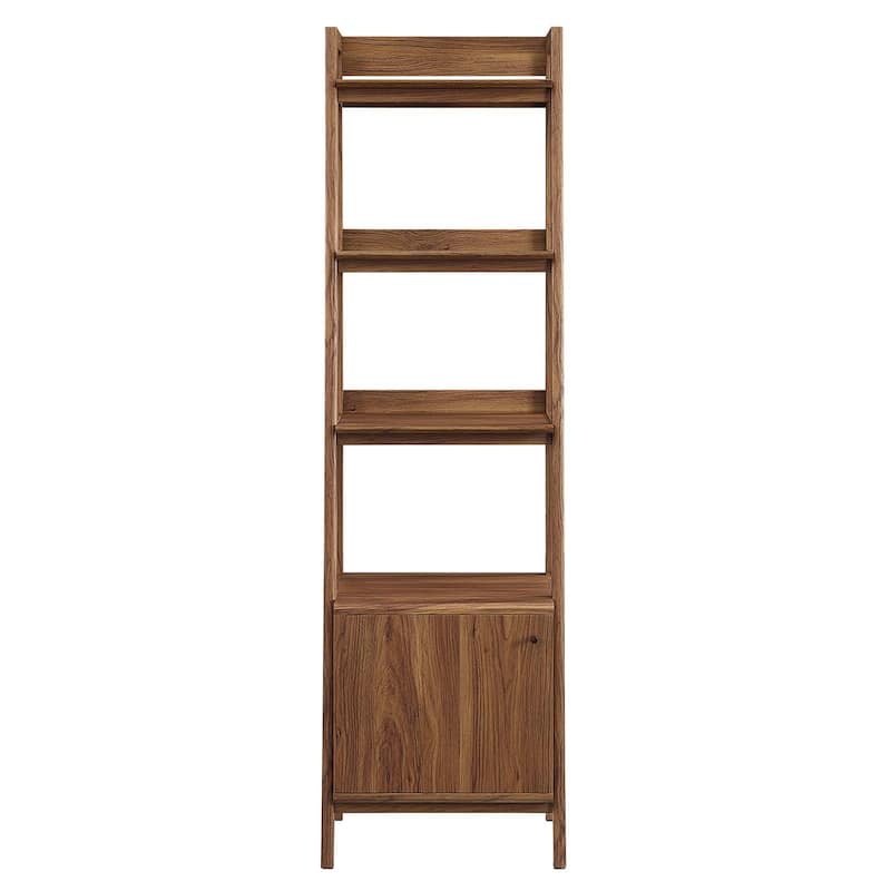 Balsam Sleek 5-Shelf Ladder Walnut Wooden Bookcase with Storage Cabinet