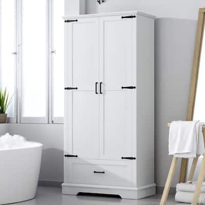 Tall Freestanding Bathroom Cabinet with Adjustable Shelves and Drawer, White MDF Storage Unit with 2 Doors