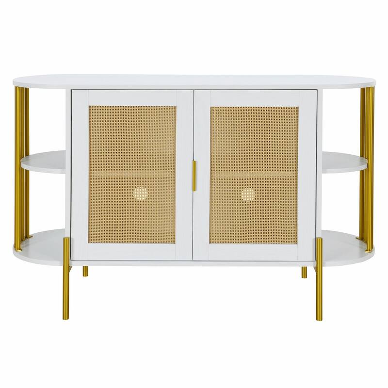 2-Door Curved Dining Cabinet - Elegant with Gold Trim and Woven Rattan Doors