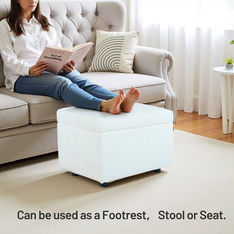 25 in.W Corduroy Upholstered Flip Top Storage Ottoman Footstool w/ Hide Hidden Storage & Solid Wood Legs
