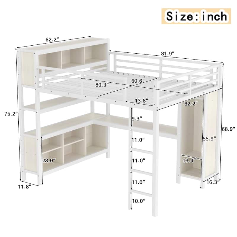 Queen Metal Loft Bed with L-Shaped Desk, Wardrobe, Shelves, Heavy-Duty Frame for Teens Adults