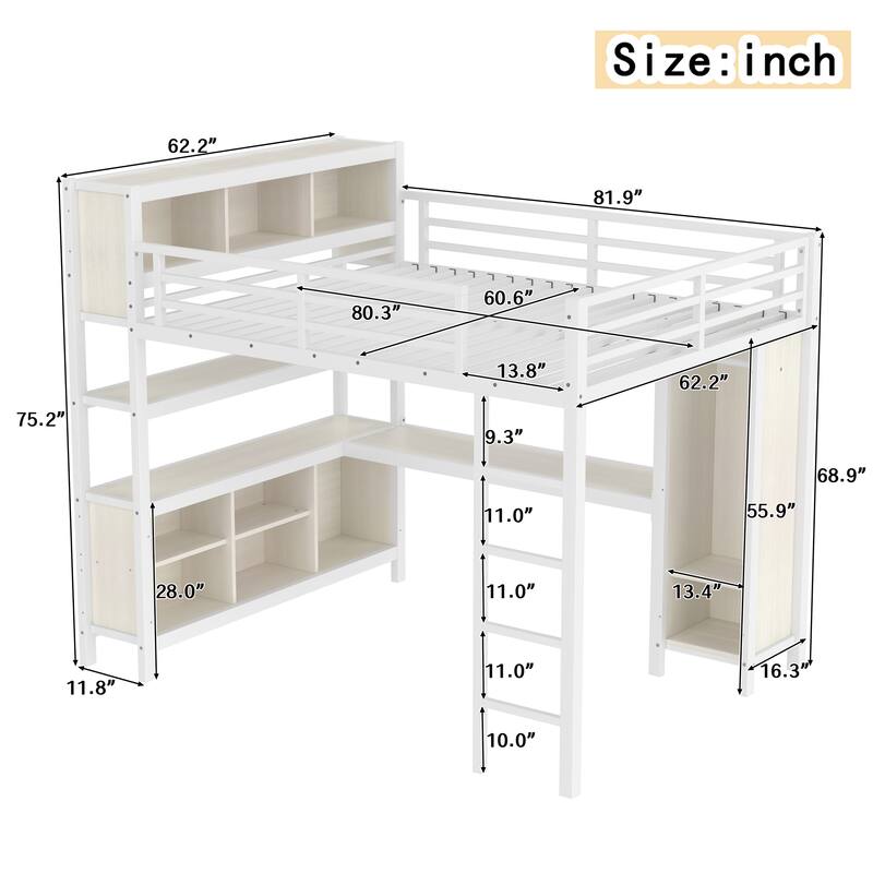 Roomfitters Queen Size Metal Loft Bed with L-Shaped Desk, Wardrobe, Storage Cubes & Shelves, Heavy-Duty Frame