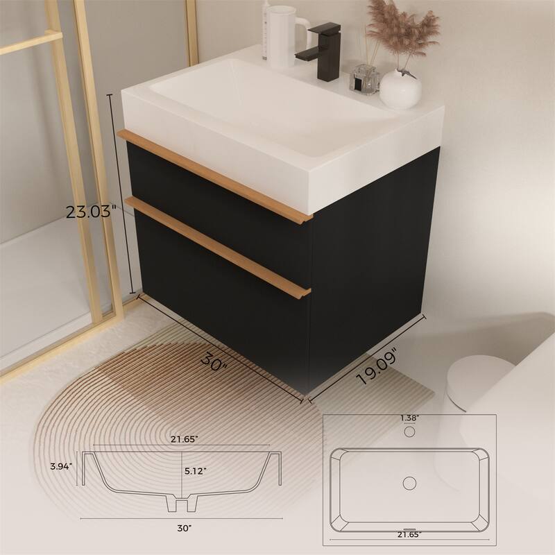 30" Wall Mounted Bathroom Vanity with Integrated Acrylic Sink, 2 Soft-Close Drawers
