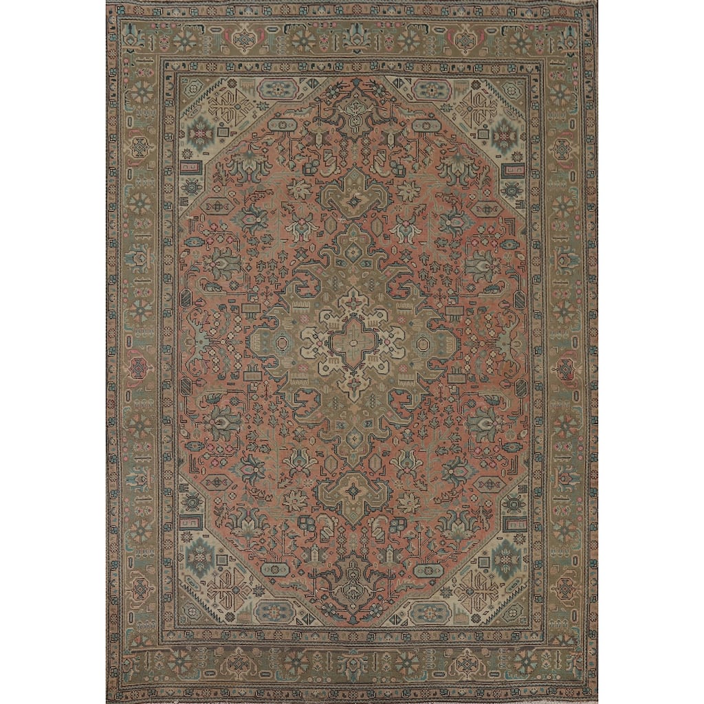 Geometric Pink Tabriz Vintage Persian Area Rug Handmade Wool Carpet - 6'7" x 9'7"