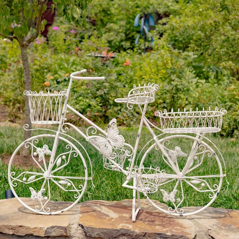 Large Iron Butterfly Bicycle Plant Stand in White - Antique White
