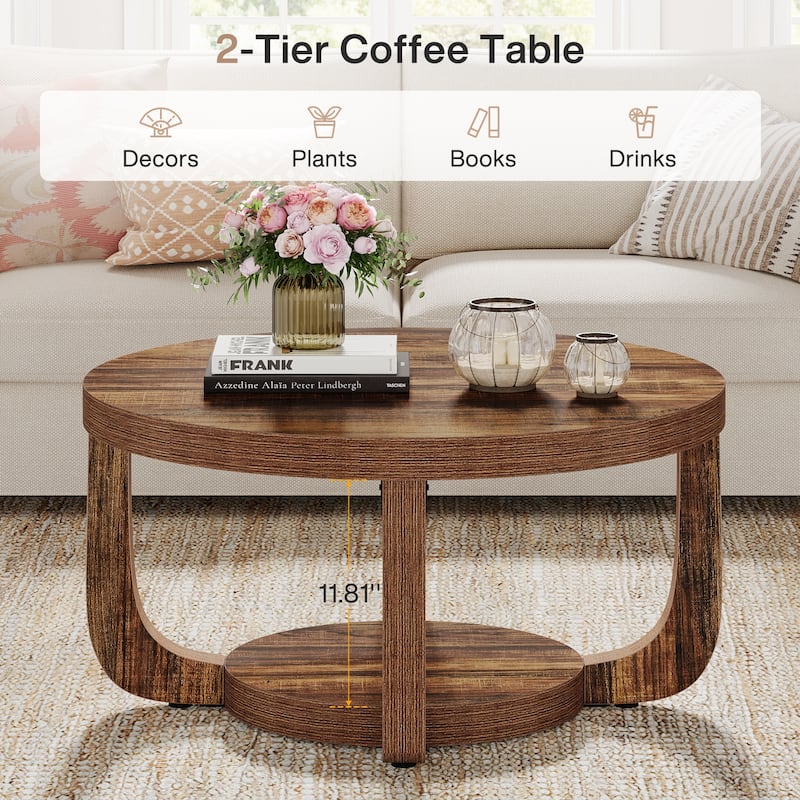 2-Tier Round Coffee Table, Wooden Accent Center Table for Living Room, Brown - Large