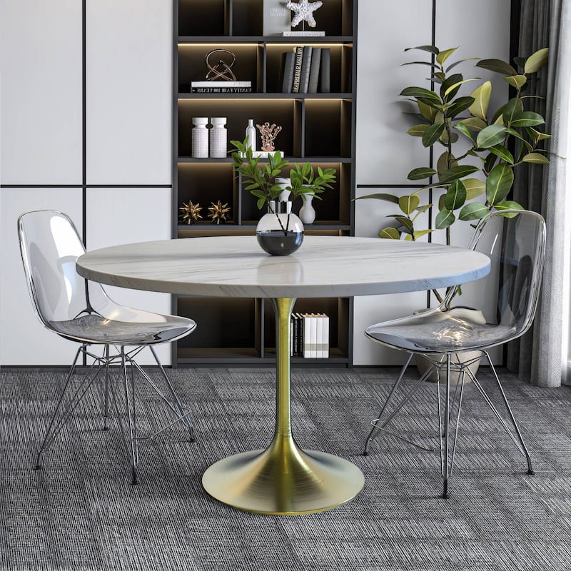LeisureMod Verve Round Dining Table with Resin TableTop and Brushed Gold Base for Kitchen & Dining Room