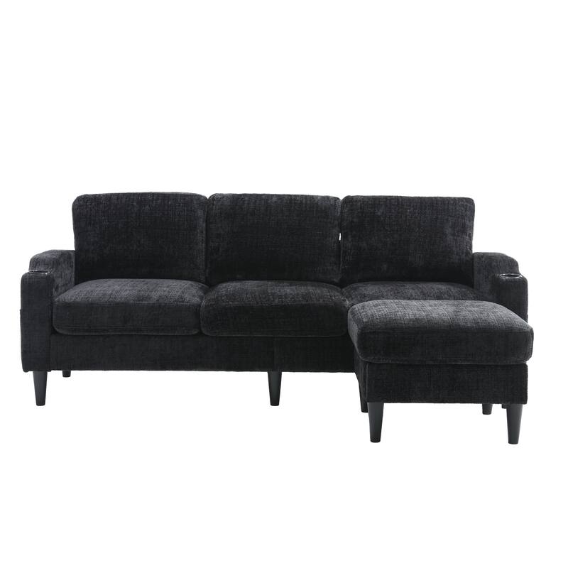 Modular Sectional Sofa with Storage Ottoman, Comfy Chenille Fabric Sofa, 3-Seater Sofa with Side Pockets & 2 Cup Holders