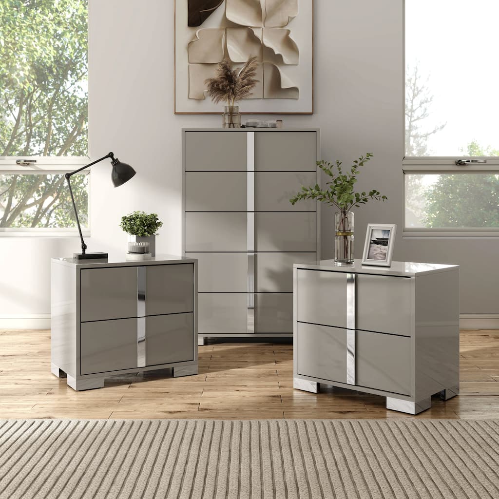 Furniture of America Erina Modern 3-Piece Glossy Chest and 2 Nightstand Bedroom Set