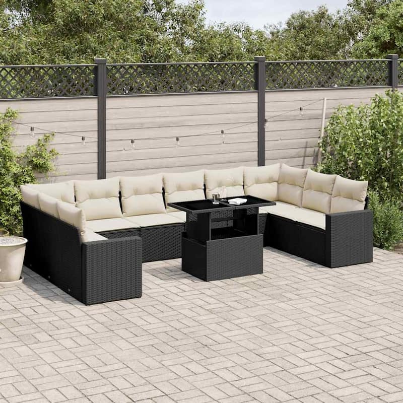 vidaXL Patio Sofa Set with Cushions Outdoor Furniture 11 Piece Poly Rattan - Black and Cream - 21.7 x 39.4 x 28.7