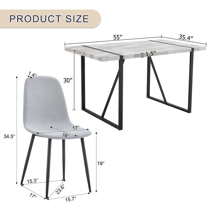Roomfitters 5/7pcs Retro Dining Table Set with Textured Top and Linen Fabric Chairs, Black Metal Legs, Light Gray