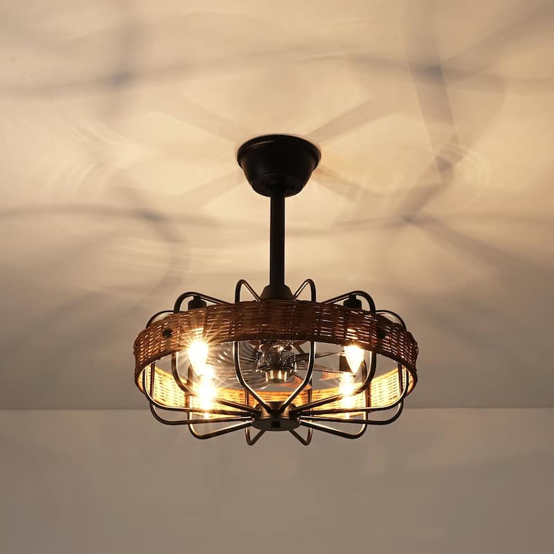 4-Light Farmhouse Modern Brown Drum Ceiling Fan Lighting with Woven Rattan Accent - 18.5 in. W x 5.7 in. H
