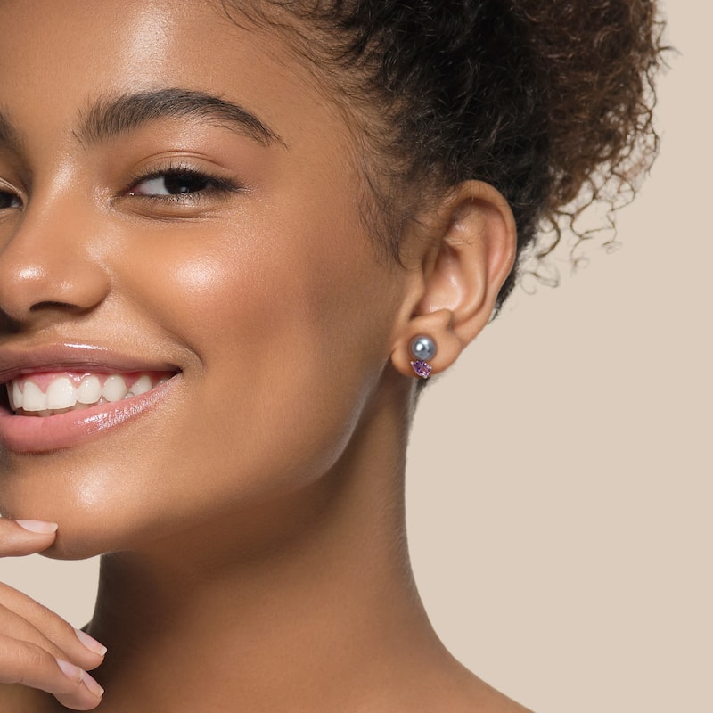 Miadora 8-9mm Black Tahitian Cultured Pearl and 3/4 CT TGW African Amethyst Stud Earrings in Sterling Silver