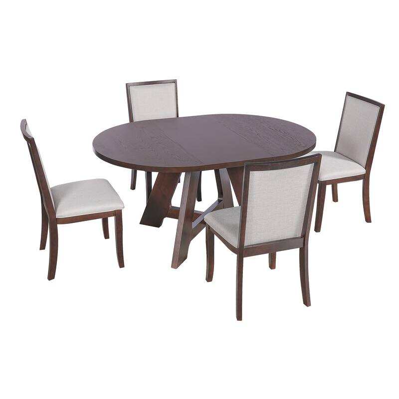 Farmhouse Round Extendable Dining Table Set for 4: 5-Piece Kitchen Table with Removable Leaf & 4 Upholstered Chairs