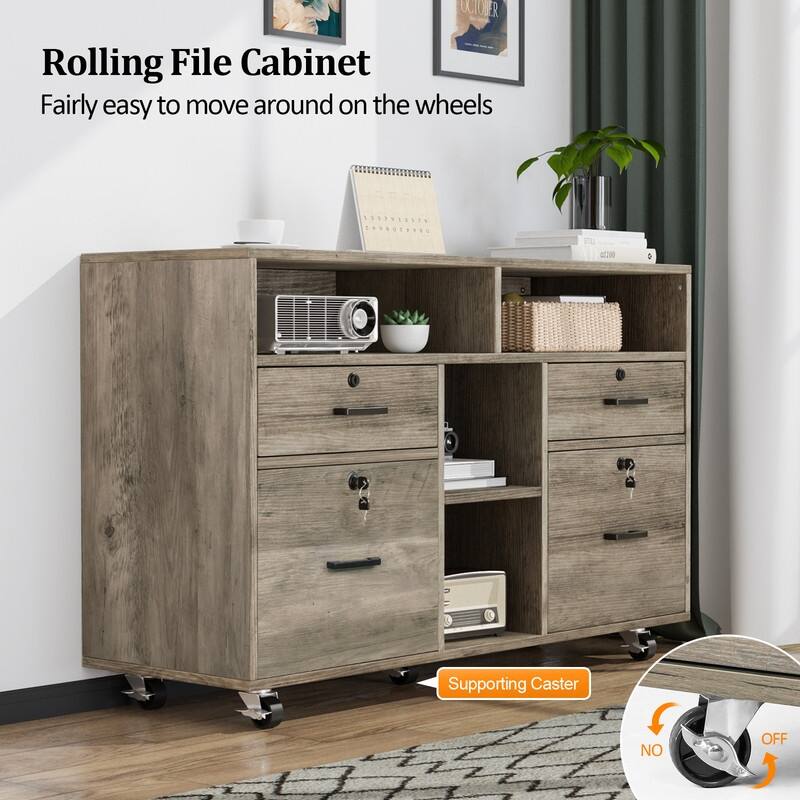 File Cabinet 4 Drawer Wood Mobile Lockable Rolling with Shelves