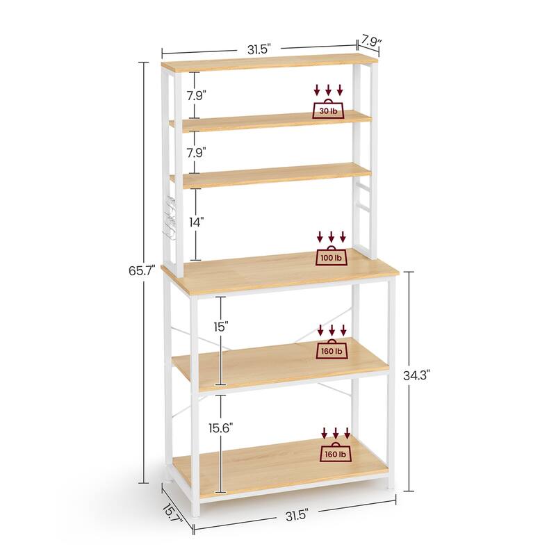 Baker's Rack, Microwave Oven Stand, 6-Tier Kitchen Utility Storage Shelf, 6 Hooks and Metal Frame - 31.5" x 15.7" x 65.7"