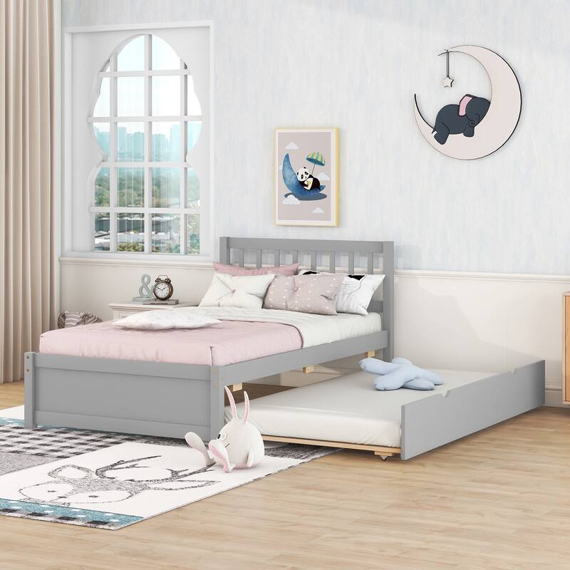 Twin Size Wooden Platform Bed Frame with Trundle Bed & Headboard - Grey - Twin