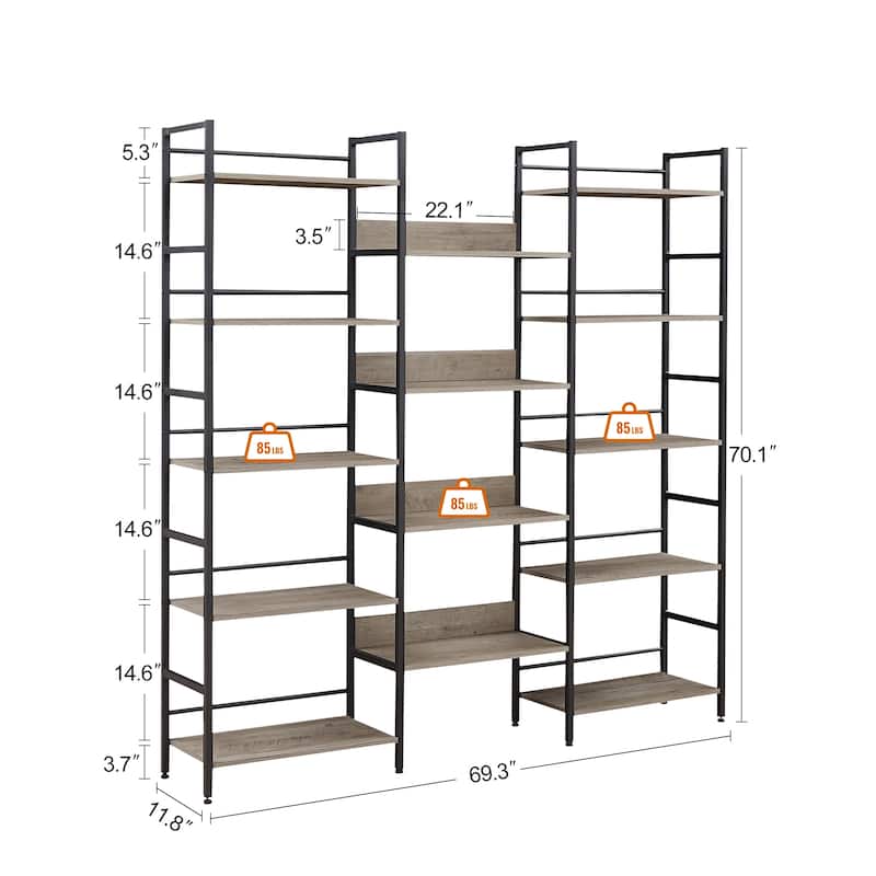 Industrial Triple Wide Wooden 5-shelf Bookshelves