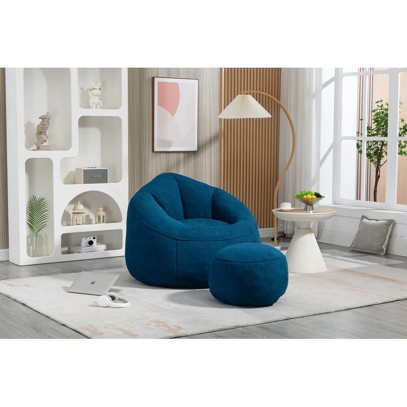Bean Bag Chair w/Foot Stool in Multiple Colors, Giant Foam-Filled Furniture-Maximum Comfort Bean Bag - Blue