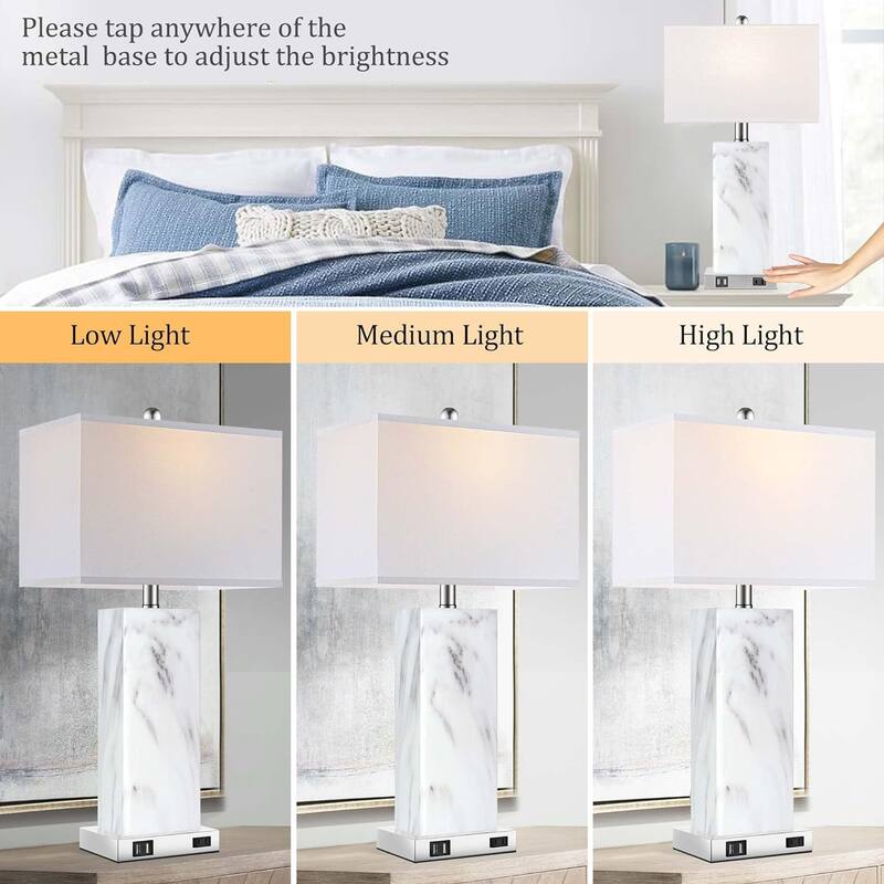 Touch Control Table Lamps Set of 2,2 USB Ports 1 AC Outlet,3-Way Dimmable Lamp with Fabric Shade (LED Bulbs Included)