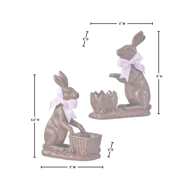 6.5" Resin Chocolate Bunny With Cart set of 2