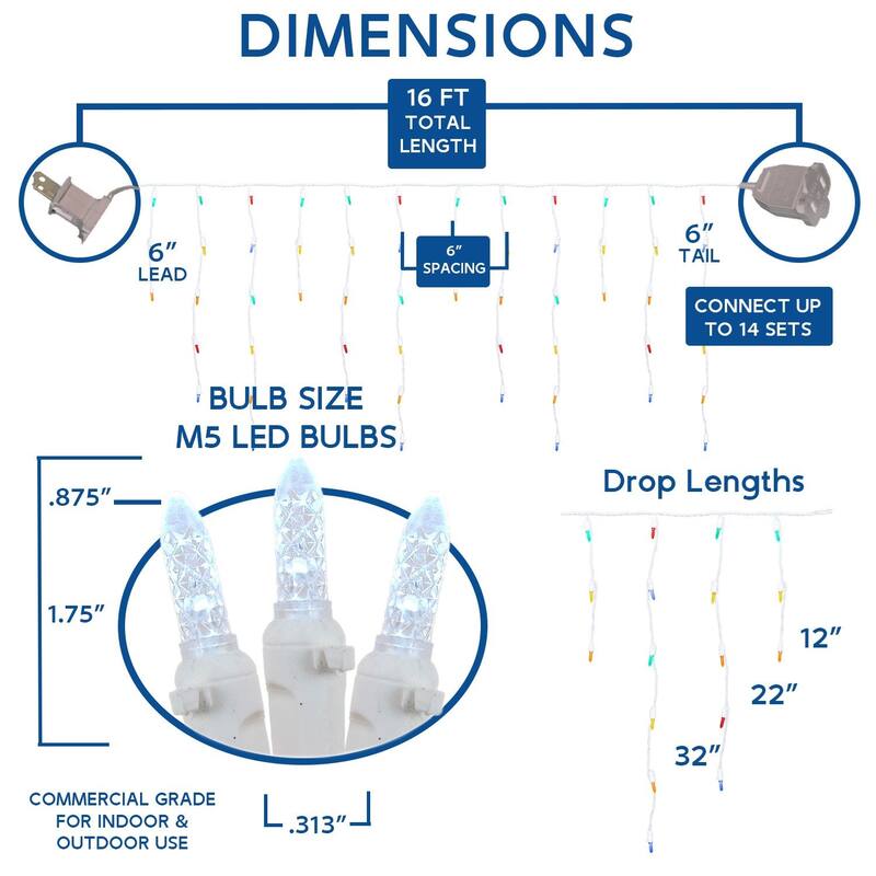 M5 Christmas LED Icicle Light Set, Green Wire, 15' Long, 150 Light