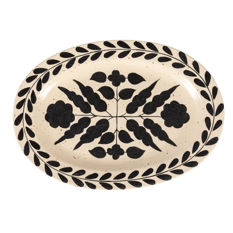 Hand Painted Stoneware Platter with Floral Design - 18.0"L x 13.0"W x 2.0"H