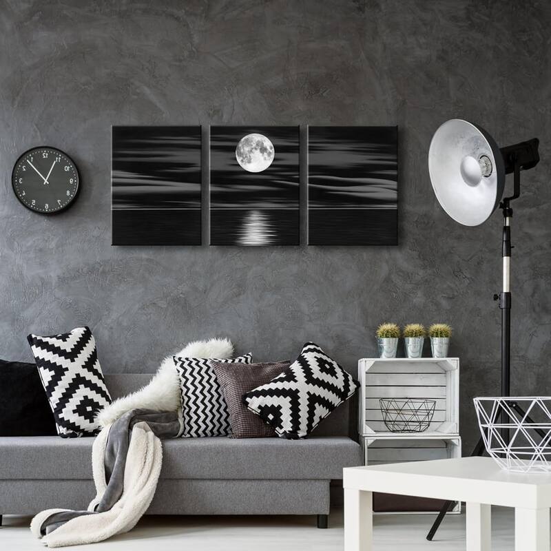 Sea White Full Moon in Night Canvas Print Wall Art