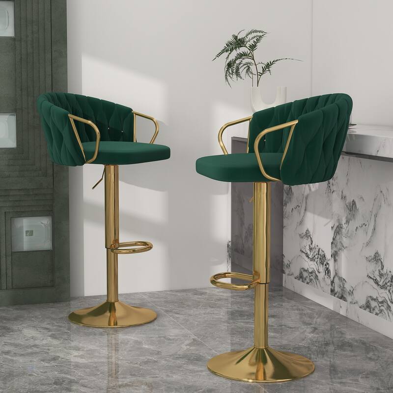 Set of 2 Bar Stool Adjustable Height Swivel Velvet Woven - Dark Green