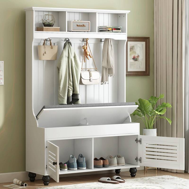 5-in-1 Entryway Bench with Shutter-shaped Doors, Coat Rack, Cushion and 4 Sturdy Hooks