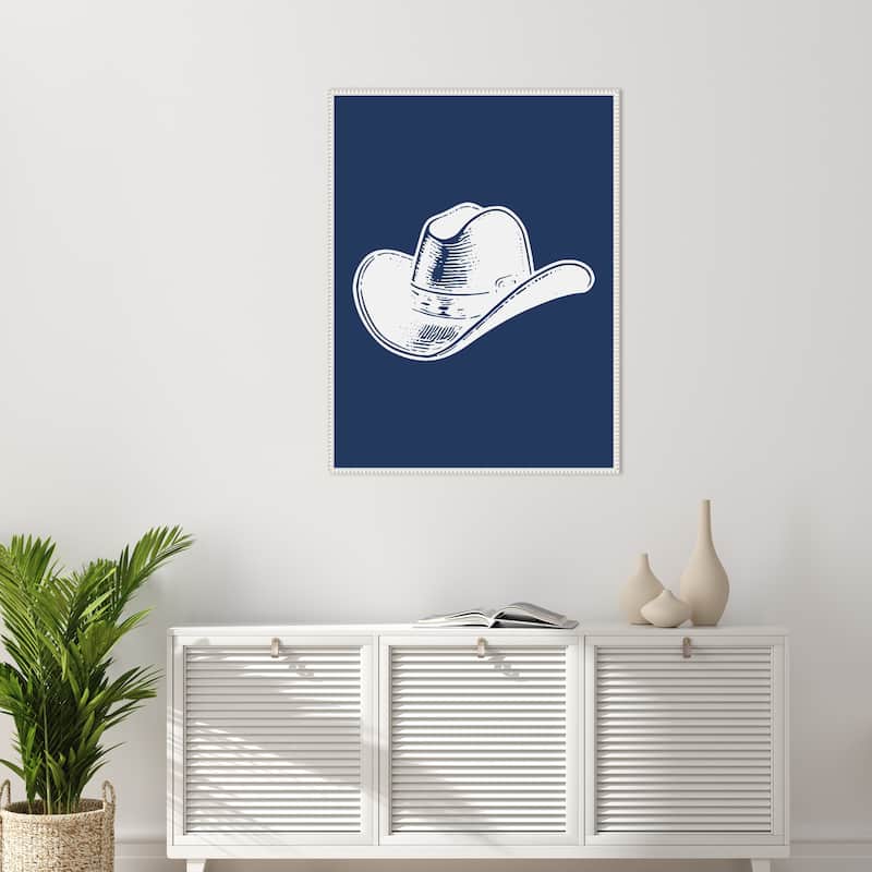 Navy Blue Cowboy Hat by Jolly and Dash Framed Canvas Wall Art Print - Sylvie Beaded White